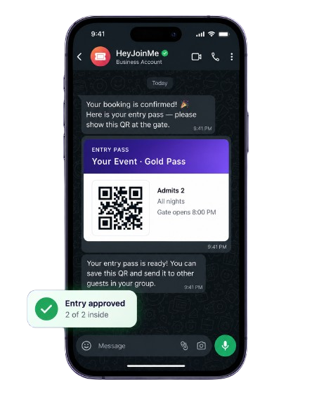 A HeyJoinMe entry pass on WhatsApp: booking confirmed, a Gold Pass QR admitting two, and the gate showing entry approved